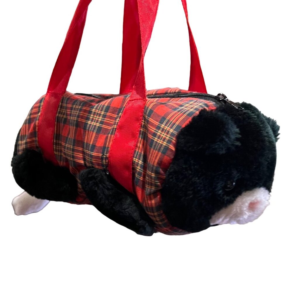 Cat Purse Girl Black & White Cat Stuffed Plush Red Plaid 12” Length -‎ Small
